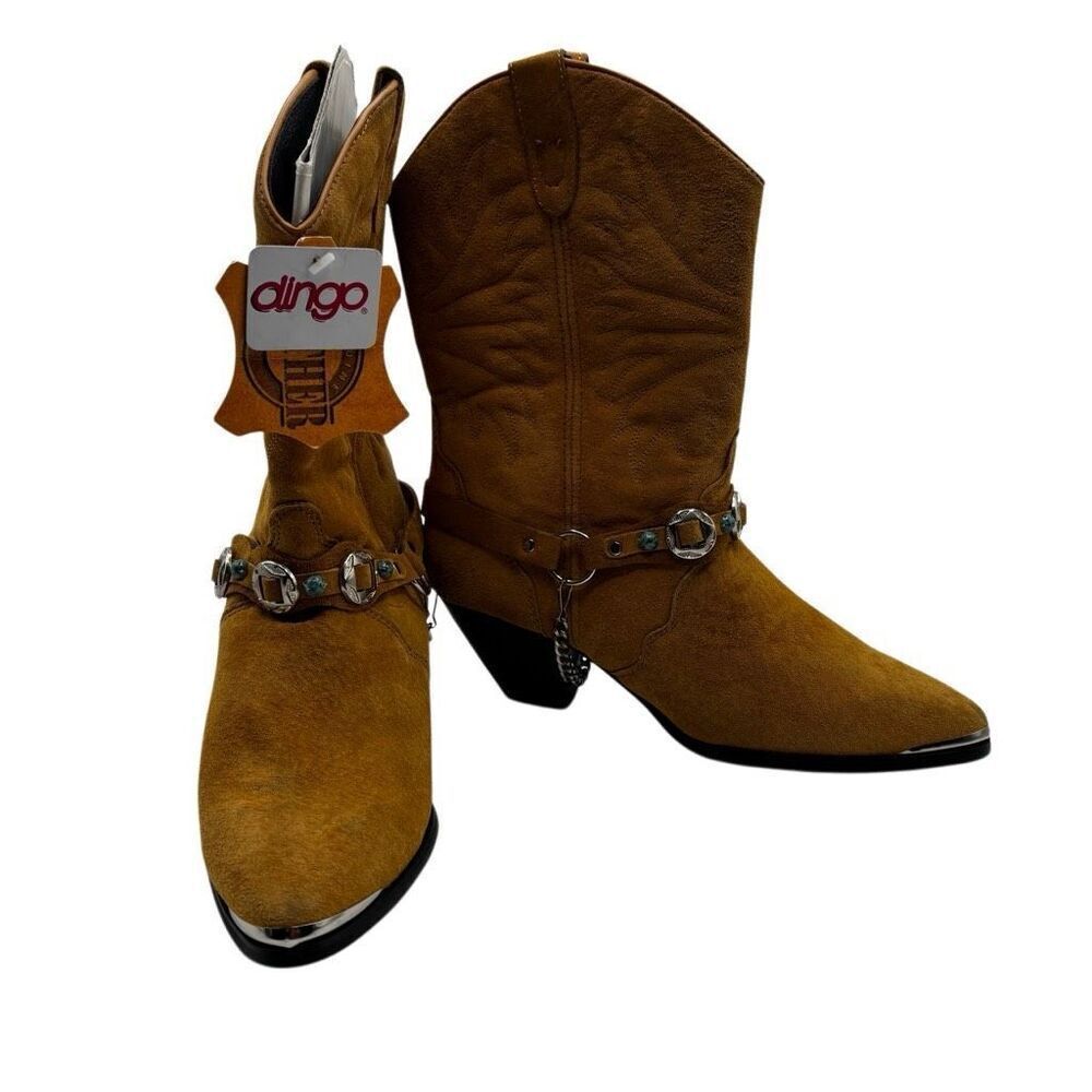 Dingo‎ Western Leather Cowboy Boots With Gemstone Strap & Chain Brown Size 7.5